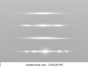 White horizontal lens flares pack. Laser beams, horizontal light rays. Beautiful light flares. Glowing streaks on light  background. Luminous abstract sparkling lined background.