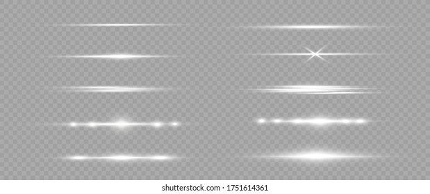 White Horizontal Lens Flares Pack. Laser Beams, Horizontal Light Rays. Beautiful Light Flares. Glowing Streaks On Light  Background. Luminous Abstract Sparkling Lined Background.