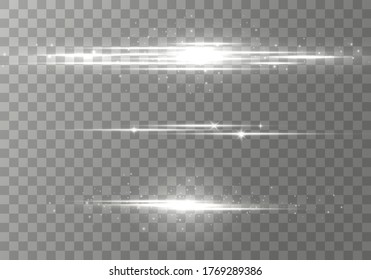 White horizontal lens flares pack, laser beams, light flare. Light rays Glow line bright glare on transparent background Glowing streaks. Luminous abstract sparkling lines. Vector illustration