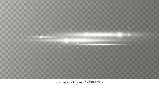 White horizontal lens flares pack, laser beams, light flare. Light rays Glow line bright glare on transparent background Glowing streaks. Luminous abstract sparkling lines. Vector illustration