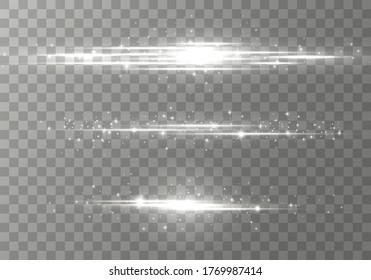 White horizontal lens flares pack, laser beams, light flare. Light rays Glow line bright glare on transparent background Glowing streaks. Luminous abstract sparkling lines. Vector illustration