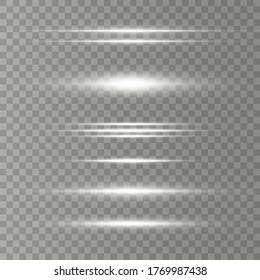White horizontal lens flares pack, laser beams, light flare. Light rays Glow line bright glare on transparent background Glowing streaks. Luminous abstract sparkling lines. Vector illustration