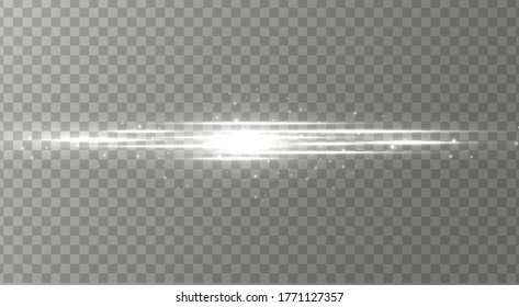 White horizontal lens flares pack, laser beams, light flare. Light rays Glow line bright glare on transparent background Glowing streaks. Luminous abstract sparkling lines. Vector illustration