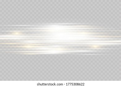 White horizontal lens flares pack. Laser beams, horizontal light rays. Beautiful light flares. Glowing streaks on light background. Luminous abstract sparkling lined background.
