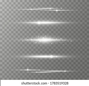 Paquete de bengalas de lente horizontal blanca, vigas láser, bombilla. Rayos claros Brillo luminoso de la línea brillante en las ramas transparentes de fondo. Luminosas líneas de destello abstractas. Ilustración del vector