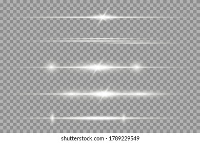 White horizontal lens flares pack, laser beams, light flare. Light rays Glow line bright glare on transparent background Glowing streaks. Luminous abstract sparkling lines. Vector illustration