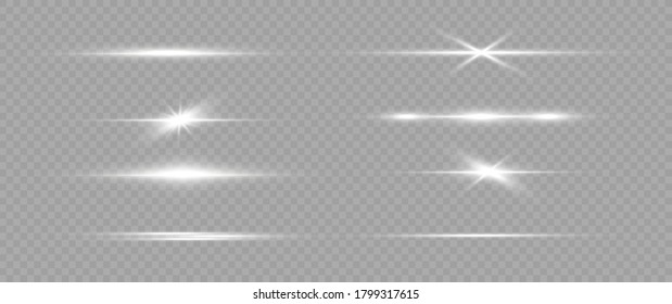 White horizontal lens flares pack. Laser beams, horizontal light rays. Beautiful light flares. Glowing streaks on light  background. Luminous abstract sparkling lined background.