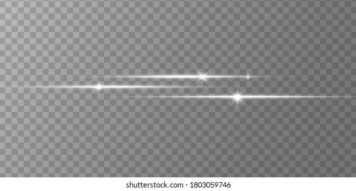 White Horizontal Lens Flares Pack, Laser Beams, Light Flare. Light Rays Glow Line Bright Glare On Transparent Background Glowing Streaks. Luminous Abstract Sparkling Lines. Vector Illustration