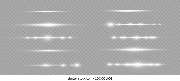 White Horizontal Lens Flares Pack. Laser Beams, Horizontal Light Rays. Beautiful Light Flares. Glowing Streaks On Light  Background. Luminous Abstract Sparkling Lined Background.