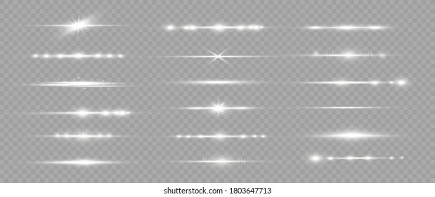White horizontal lens flares pack. Laser beams, horizontal light rays. Beautiful light flares. Glowing streaks on light  background. Luminous abstract sparkling lined background.