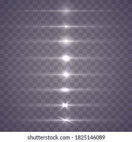 White horizontal lens flares pack. White glowing light explodes on a transparent background. Luminous abstract sparkling lines. To center a bright flash. Bright Star. Vector illustration, eps 10.