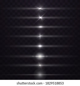 White horizontal lens flares pack. White glowing light explodes on a transparent background. Luminous abstract sparkling lines. To center a bright flash. Bright Star. Vector illustration, eps 10.