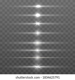 White horizontal lens flares pack. White glowing light explodes on a transparent background. Luminous abstract sparkling lines. To center a bright flash. Bright Star. Vector illustration, eps 10.