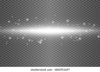 White horizontal lens flares pack. Laser beams, horizontal light rays.Beautiful light flares. Glowing streaks on dark background. 