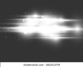 paquete de bengalas horizontales blancas. Vigas láser, rayos de luz horizontales. Bonitas bengalas. Rasgos brillantes sobre fondo oscuro. Luminoso fondo brillante abstracto.