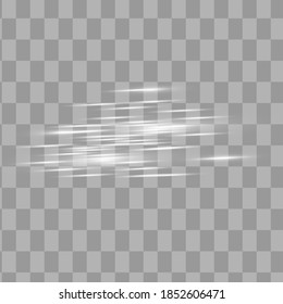 White horizontal lens flares pack. Laser beams, horizontal light rays.Beautiful light flares. Glowing streaks on dark background. Luminous abstract sparkling lined background.