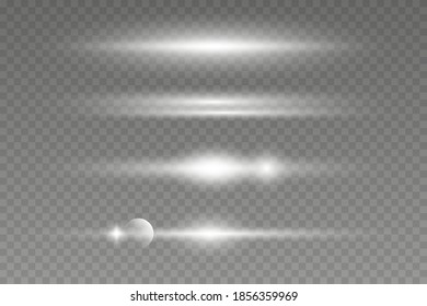 White horizontal lens flares pack. Laser beams, horizontal light rays. Transparent shining sun, bright flash. 