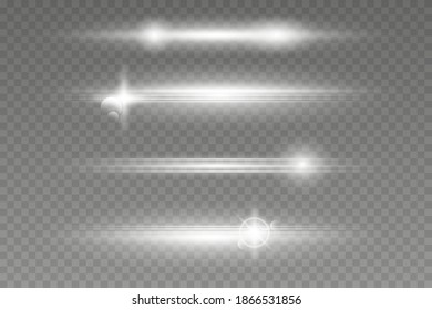 White horizontal lens flares pack, laser beams, light flare.  Beautiful light flares. Glowing streaks on light background. 