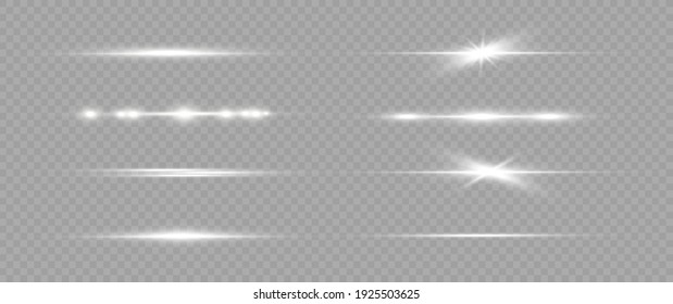 White horizontal lens flares pack. Laser beams, horizontal light rays. Beautiful light flares. Glowing streaks on light  background. Luminous abstract sparkling lined background.