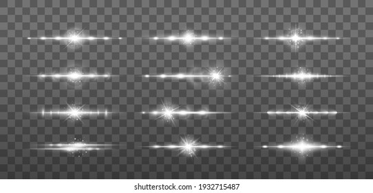 White horizontal lens flares pack, laser beams, light flare. Laser beams, horizontal light rays. Glowing streaks on light background.