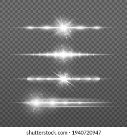 White horizontal lens flares pack, laser beams, light flare. Laser beams, horizontal light rays. Glowing streaks on light background.