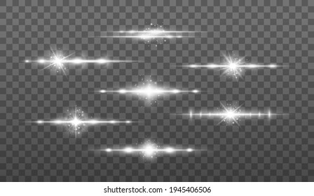 White horizontal lens flares pack, laser beams, light flare. Laser beams, horizontal light rays. Glowing streaks on light background.