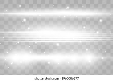 White horizontal lens flares pack. Laser beams, horizontal light rays.Beautiful light flares. Glowing streaks on dark background. Luminous abstract sparkling lined background.
