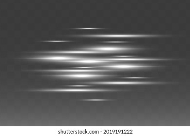 White horizontal lens flares pack. Laser beams, horizontal light rays.Beautiful light flares. Glowing streaks on dark background. Luminous abstract sparkling lined background.