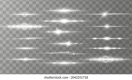 Weißes Paket mit horizontalen Linsenfackeln. Laserstrahlen, Lichtstrahlen. Weißes Licht explodiert auf transparentem Hintergrund. Leuchtender abstrakter, funkelnder Hintergrund. Glühende Streifen. Vektorgrafik