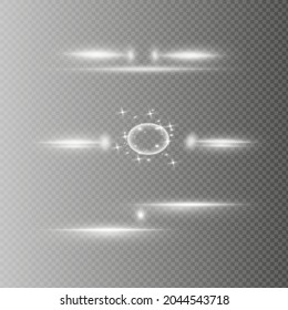 White horizontal lens flares pack. Laser beams, horizontal light rays. Beautiful light flares. Glowing streaks on light background. Luminous abstract sparkling lined background.