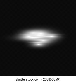 Weißes Paket mit horizontalen Linsenfackeln. Laserstrahlen, horizontale Lichtstrahlen. Schöne Lichtstrahlen. Glühende Streifen auf dunklem Hintergrund. Leuchtender abstrakter, funkelnder Hintergrund.