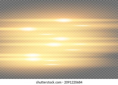 White horizontal lens flares pack. Laser beams, horizontal light rays. Beautiful light flares. Glowing streaks on light background. Luminous abstract sparkling lined background.