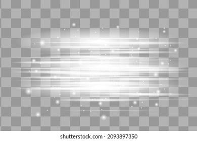 White horizontal lens flares pack. Laser beams, horizontal light rays.Beautiful light flares. Glowing streaks on dark background. 
