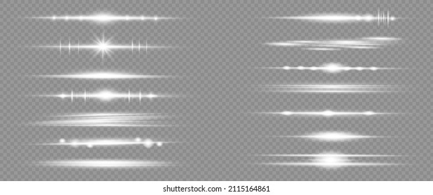 White horizontal lens flares pack. Laser beams, horizontal light rays. Beautiful light flares. Glowing streaks on light background. Luminous abstract sparkling lined background.