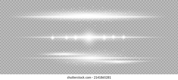 Paquete de bengalas horizontales blancas. Vigas láser, rayos de luz horizontales. Bonitas bengalas. Rasgos brillantes sobre el fondo de la luz. Luminoso fondo brillante abstracto.