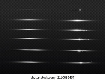 White horizontal lens flares pack. Laser beams, horizontal light rays. Beautiful light flares. Glowing streaks on light background. Luminous abstract sparkling lined background.
