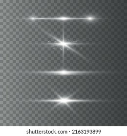 White horizontal lens flares pack. Laser beams, light rays. White glowing light explodes on a transparent background. Luminous abstract sparkling lined background. Glowing streaks. Vector illustration
