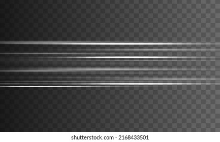 Weißes Paket mit horizontalen Linsenfackeln. Unscharfe Lichtwege. Laserstrahlen, horizontale Strahlen. Weiße glühende Linie. Leuchtender abstrakter, funkelnder Hintergrund. Glühende Linien mit Funkeln. Vektorgrafik 