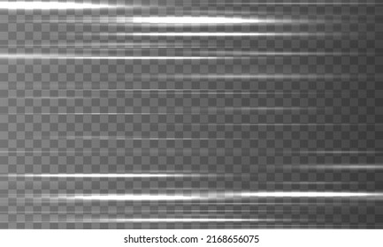 White horizontal lens flares pack. Blurred light trails. Laser beams, horizontal rays. White glowing line. Luminous abstract sparkling lined background. Glowing lines with sparkles. Vector 