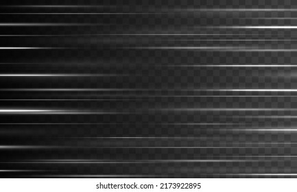Weißes Paket mit horizontalen Linsenfackeln. Unscharfe Lichtwege. Laserstrahlen, horizontale Strahlen. Weiße glühende Linie. Leuchtender abstrakter, funkelnder Hintergrund. Glühende Linien mit Funkeln. Vektorgrafik 