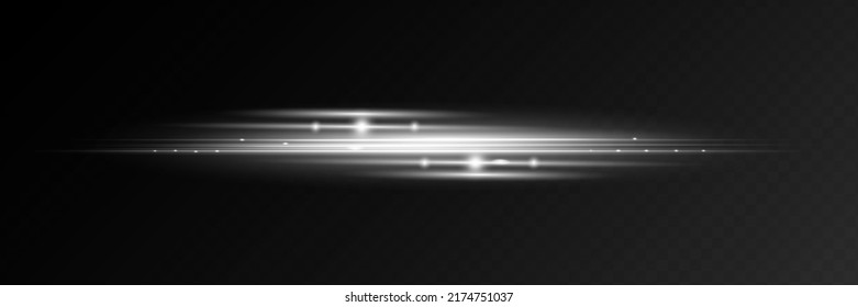 White horizontal lens flares pack. Laser beams, horizontal light rays. Beautiful light flares. Glowing streaks on light background. Luminous abstract sparkling lined background.
