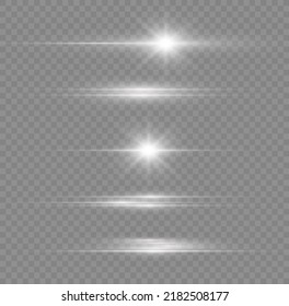 paquete de bengalas horizontales blancas. Vigas láser, rayos de luz horizontales. Bonitas bengalas. La luz relámpago con chispas de polvo de hadas y estrellas doradas brillan. El polvo brilla la luz.