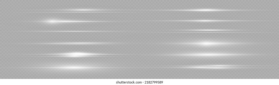 white horizontal lens flares pack. Laser beams, horizontal light rays. Beautiful light flares. Flash light with fairy dust sparks and golden stars shine. Dusty shine light.