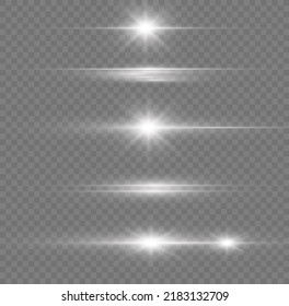 white horizontal lens flares pack. Laser beams, horizontal light rays. Beautiful light flares. Flash light with fairy dust sparks and golden stars shine. Dusty shine light.