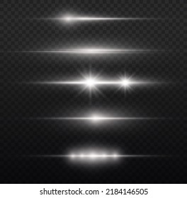 white horizontal lens flares pack. Laser beams, horizontal light rays. Beautiful light flares. Flash light with fairy dust sparks and golden stars shine. Dusty shine light.