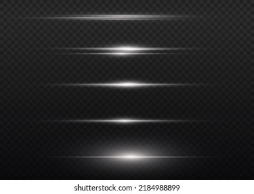 white horizontal lens flares pack. Laser beams, horizontal light rays. Beautiful light flares. Flash light with fairy dust sparks and golden stars shine. Dusty shine light.