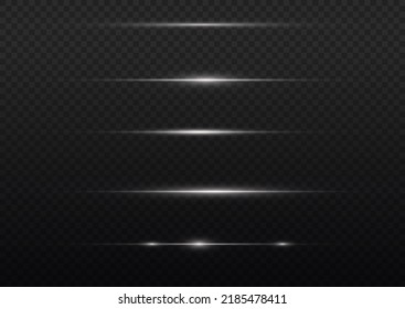 white horizontal lens flares pack. Laser beams, horizontal light rays. Beautiful light flares. Flash light with fairy dust sparks and golden stars shine. Dusty shine light.