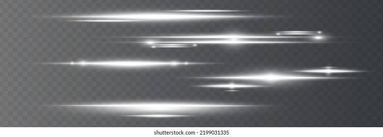 White horizontal lens flares pack. Laser beams, horizontal light rays. Beautiful light flares. Glowing streaks on light background. Luminous abstract sparkling lined background.