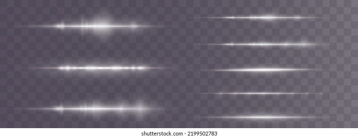 White horizontal lens flares pack. Laser beams, horizontal light rays.Beautiful light flares. Glowing streaks on dark background. Collection effect light white line png.