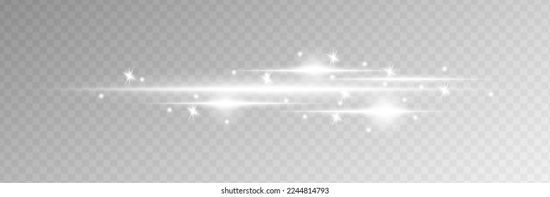 White horizontal lens flares pack. Laser beams, horizontal light rays. Beautiful light flares. Glowing streaks on light background. Luminous abstract sparkling lined background.